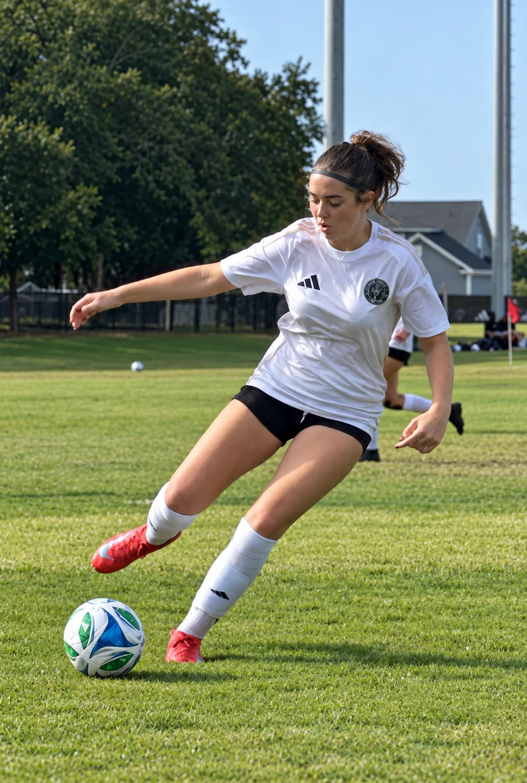 Catherine Page striking the ball in white