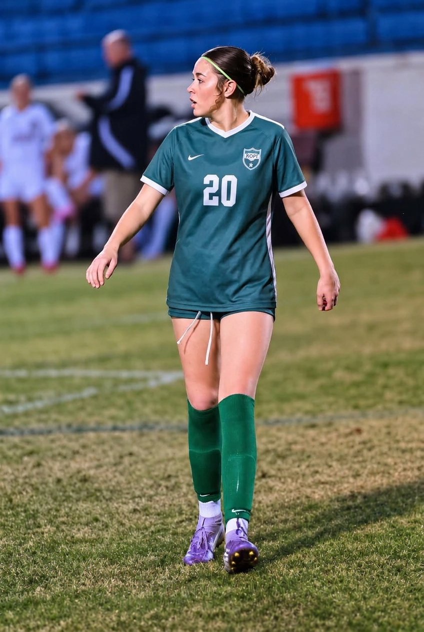 Catherine Page on the field in a teal and white jersey